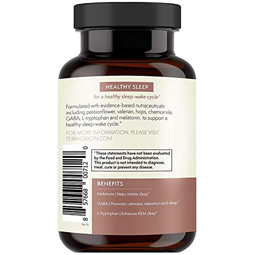 Terra Origin Healthy Sleep Capsules, 60 Servings, with Melatonin, GABA, L-tryptophan, Valerian, Passionflower, Chamomile and Hops for a Healthy Sleep-wake Cycle