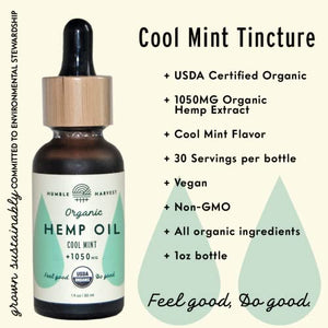 HUMBLE HARVEST Organic True Hemp Oil Extract, 1050mg, Cool Mint - Pure, Certified USDA Organic, Tincture, Vegan, Non-GMO, Quality, Mind/Body Balance, 1 Ounce Bottle