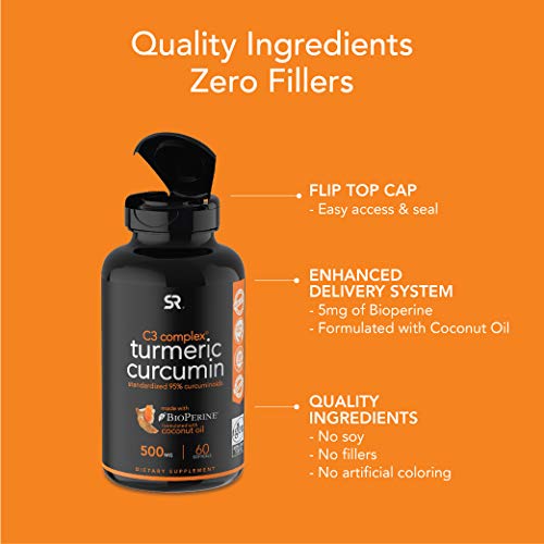 Turmeric Curcumin C3 Complex 500mg, Enhanced with Black Pepper & Organic Coconut Oil for Better Absorption; Non-GMO & Gluten Free