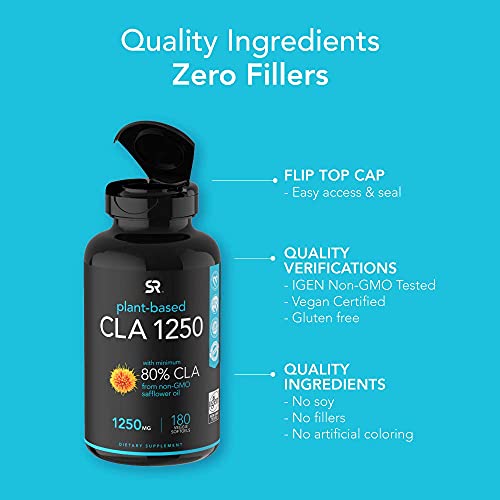 Vegan CLA 1250 - 180 Veggie Softgels | Non-Stimulating Conjugated Linoleic Acid (CLA) supporting Healthy Weight Management | Gluten Free, Non-GMO Verified