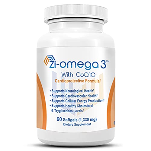 Zi-Omega 3 (1330mg) Softgels with CoQ10 – High Potency Burpless Fish Oil Supplement with EPA DHA – Essential Fatty Acids Capsules for Cardiovascular Health & Antioxidant Support - (60 Gelcaps)