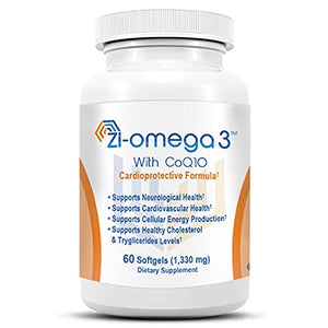 Zi-Omega 3 (1330mg) Softgels with CoQ10 – High Potency Burpless Fish Oil Supplement with EPA DHA – Essential Fatty Acids Capsules for Cardiovascular Health & Antioxidant Support - (60 Gelcaps)