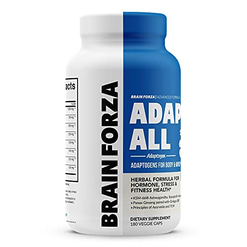 Brain Forza Adapt All Herbal Adaptogen for Stress, Mood & Athletic Performance w/KSM-66 Ashwagandha, Bacopa, Rhodiola Rosea, Cordyceps, Lemon Balm, Ginkgo Biloba USP, 180 Capsules