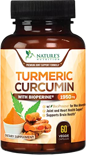 Turmeric Curcumin Highest Potency 95% Curcuminoids 1950mg with BioPerine Black Pepper for Ultra High Absorption, Made in USA, Best Vegan Joint Support by Natures Nutrition - 60 Capsules