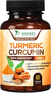 Turmeric Curcumin Highest Potency 95% Curcuminoids 1950mg with BioPerine Black Pepper for Ultra High Absorption, Made in USA, Best Vegan Joint Support by Natures Nutrition - 60 Capsules