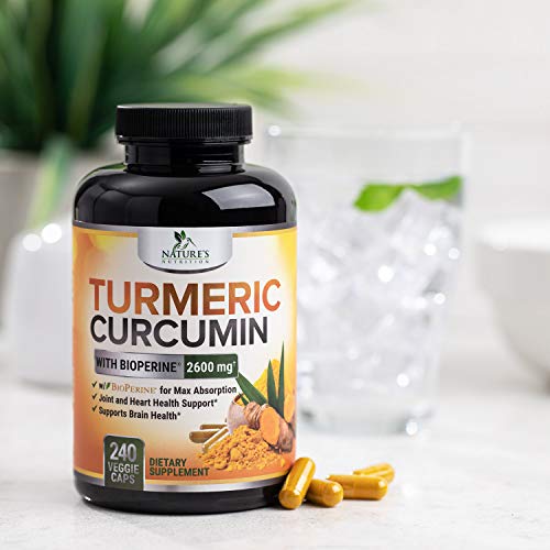 Turmeric Curcumin with Bioperine 95% Curcuminoids 2600mg with Black Pepper for Best Absorption, Made in USA, Best Vegan Joint Support, Turmeric Supplement Pills by Natures Nutrition - 240 Capsules