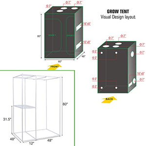 BloomGrow 60''x48''x80'' 2-in-1 Mylar Grow Tent + 6'' Fan Filter Ventilation Kit + 1200W LED Full Spectrum Grow Light + 2PCS 24W 2ft 2-lamp 6500K T5 Lights Indoor Plant Grow Tent Complete Kit