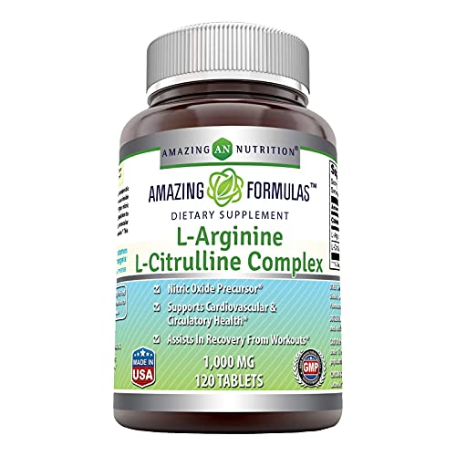 Amazing Nutrition L-Arginine/L-Citrulline Complex 1000 Mg Combines Two Amino Acids with Potential Health Benefits Supports Energy Production Ads (120 Tablets) (Non-GMO,Gluten Free)