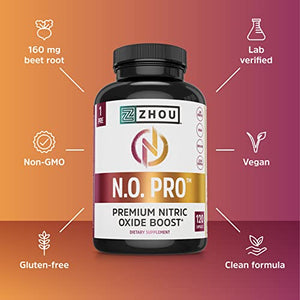 Zhou Nitric Oxide with L Arginine, Citrulline Malate, AAKG and Beet Root | Powerful N.O. Booster and Muscle Builder for Strength, Blood Flow and Endurance | 30 Servings, 120 Veggie Caps