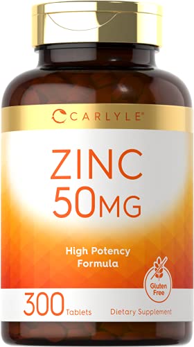 Zinc 50mg | 300 Tablets | Vegetarian, Non-GMO, and Gluten Free Supplement | Zinc Gluconate | High Potency Formula | by Carlyle