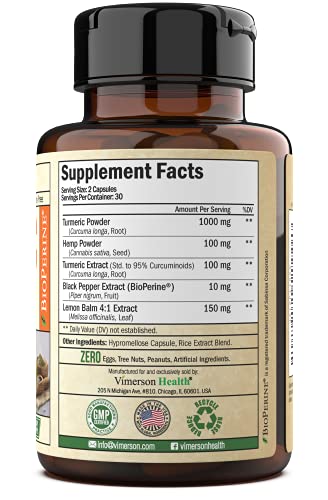 Turmeric Curcumin, Hemp Powder, BioPerine & Lemon Balm - Joint Discomfort Relief Supplement for Balanced Inflammation. Stress, Sleep & Mood Support with Curcuminoids & Black Pepper for Men and Women