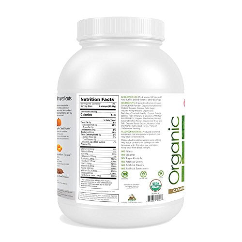 EarthNutri Organic Plant Based Protein Caramel Coffee Certified Organic Plant Sources, PANMOL B Complex, Quinoa Sprouts, Pea Protein, Hemp Protein, Oat Bran, Flax Seed Protein 31.49 oz