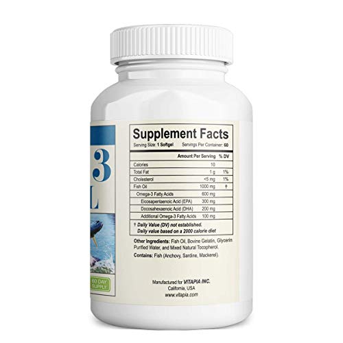 Vitapia Omega 3 Fish Oil 3000mg per Serving - Omega-3 Fish Oil 1000mg per Softgel - 60 Softgels - Supports Heart Health, Brain Health, Joint Health, Eyes & Skin Health
