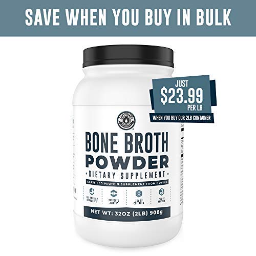 Bone Broth Powder, 2lb Pure Grass Fed Beef Bone Broth Protein Powder. Unflavored, Contains Collagen, Glucosamine & Gelatin, Paleo Protein Powder, Keto, Gut-Friendly, Non-GMO, Dairy Free. 32oz