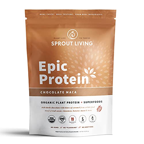 Sprout Living's Epic Protein, Plant Based Protein & Superfoods Powder, Chocolate Maca Powder | 19 Grams Organic Protein Powder, Vegan, Non Dairy, Non-GMO, Gluten Free, Low Sugar (1 Pound, 13 Servings)