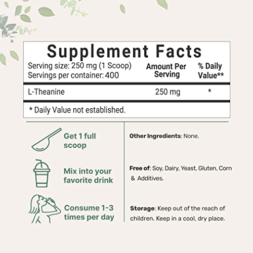 Pure L-Theanine Powder, 100 Grams (1 Year Supply), Filler Free, No GMOs and Vegan Friendly