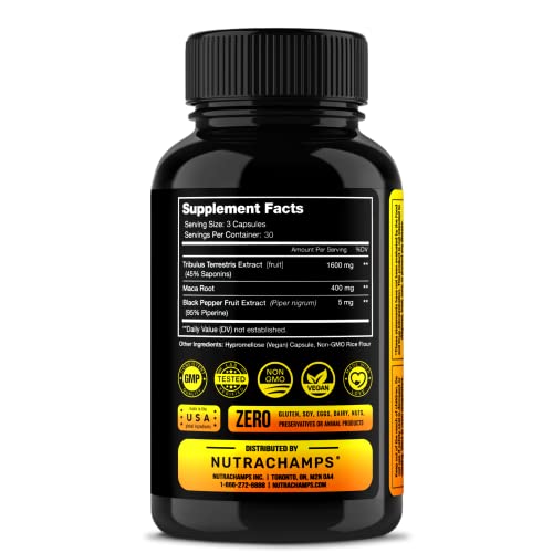 Tribulus Terrestris 2000mg Supplement | Extra Strength Saponins + Enhanced Absorption with Maca Powder & Black Pepper Extract | Tribulus Terrestris for Men & Women | 90 Vegan Capsules