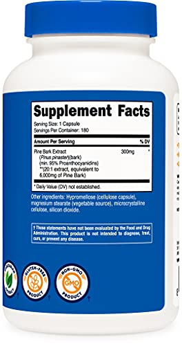 Nutricost Pine Bark Extract 6000mg, 180 Capsules, Standardized to Contain 95% Proanthocyanidins - Non-GMO, Gluten Free