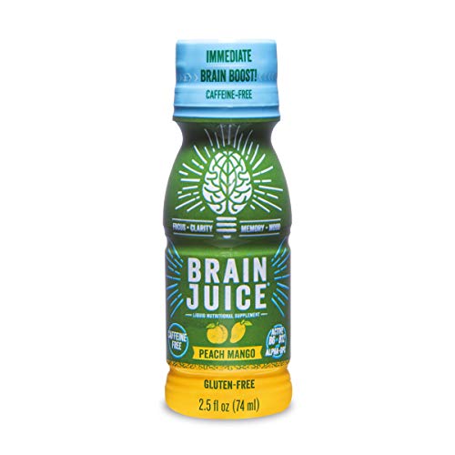 BrainJuice Brain Booster Shot, Decaffeinated Peach Mango | Liquid Drink Supplement for Improved Memory, Focus, Clarity & Mood, Gluten-Free, Non-GMO | 2.5 fl oz, 12 Count