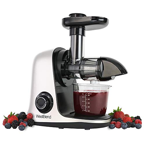 West Bend Juicer Cold Press Masticating Extractor Machine Features Quiet Motor Anti-Clog Reverse Function Nutrient Preserving For Juicing Fruits Vegetables and All Greens, 150-Watts, White