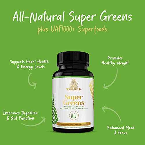 TURNER Super Greens Capsules with UAF1000+, Wheat Grass Supplement, All-Natural New Zealand Green Superfood Energy, Essential Veggies, Antioxidants, Enzymes, Detox & Cleanse, 180 Capsules, 2 Bottles