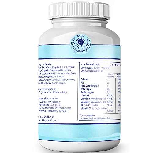 Quercetin Gummies - Quercetin with Bromelain Vitamin C + Zinc Vitamin D3 – Chewable Quercetin 900mg Supplements - Quercetin for Kids and Adults (1)