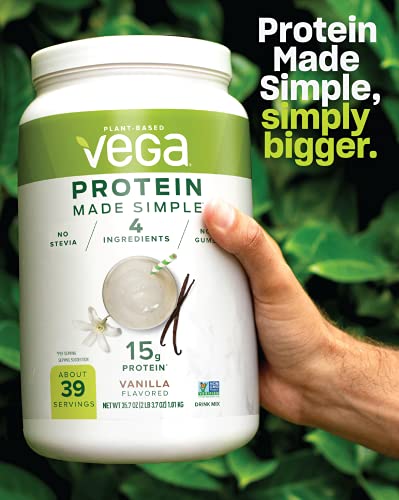 Vega Protein Made Simple, Vanilla, 39 Servings XL Tub - Plant Based Healthly Vegan Protein Powder with no Stevia, Dairy Free, Gluten Free, Vegetarian, 2.2 Pounds