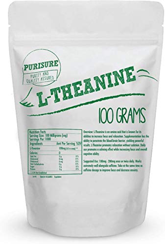 Purisure L-Theanine Powder 100g (1000 Servings), Nootropic, Cognitive Enhancer, Reduce Stress, Mood Support, Relaxation and Focus Supplement, Sleep Aid, Healthy Blood Flow