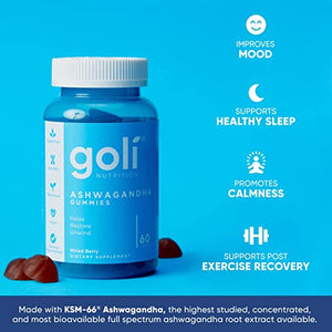 ASHWA Vitamin Gummy by Goli Nutrition - Ashwagandha and Vitamin D Gummies - 30 Count - Relax. Restore. Unwind. (Mixed Berry, KSM-66, Vegan, Plant Based, Non-GMO, Gluten-Free & Gelatin Free)