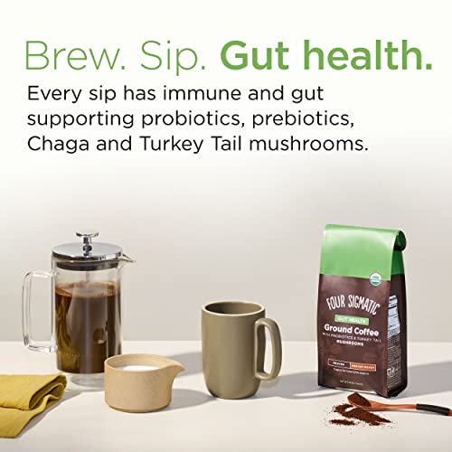 Four Sigma Foods Mushroom Ground Coffee with Probiotics, Organic and Fair Trade Coffee with Turkey Tail, Chaga, prebiotics, & CFU shelf-stable, heat resistant probiotics, Immune Support, 12 Oz