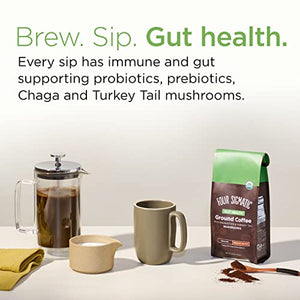 Four Sigma Foods Mushroom Ground Coffee with Probiotics, Organic and Fair Trade Coffee with Turkey Tail, Chaga, prebiotics, & CFU shelf-stable, heat resistant probiotics, Immune Support, 12 Oz
