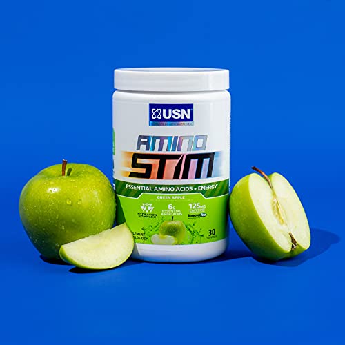 USN Amino Stim EAAs (Essential Amino Acids) + Energy, 125mg Caffeine, 6g Essential Amino Acids, Hydration Complex, Muscle Growth Recovery, Green Apple, 10.05 Ounce (Pack of 1)