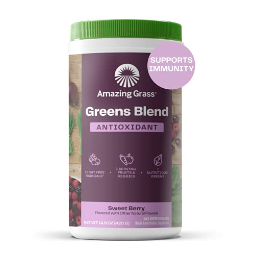 Amazing Grass Greens Blend Antioxidant: Super Greens Powder with Spirulina, Beet Root Powder, Elderberry & Probiotics, Sweet Berry, 60 Servings (Packaging May Vary)