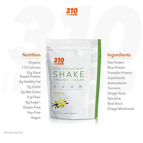 Vegan Organic Plant Protein Powder and Meal Replacement Shake - By 310 Nutrition - Gluten, Dairy and Soy Free - 0g of Sugar | Keto and Paleo Friendly… (Vanilla, 28 Servings)