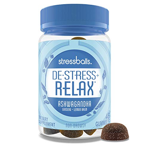 Stressballs De-Stress + Relax with Ashwagandha for Stress Relief Ginseng & Lemon Balm Herbal Blend Non-Drowsy Supplement Gummies, Lemon, 46 Count