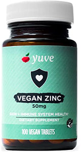 Yuve Natural Vegan Zinc Supplements 50mg, Immune Support, Fast Relief from Colds and Flu, Acne Free Skin, Healthy Hormone Levels, Non-GMO, Gluten & Sugar Free - 100 Vegetarian Tablets