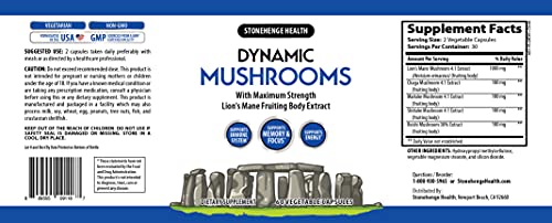 Stonehenge Health Dynamic Mushrooms - 100% Fruiting Bodies & Extracts - Lion’s Mane, Chaga, Maitake, Shiitake, Reishi - Nootropic Brain & Focus, Immune System Booster - No Mycelium -60 Veggie Capsules