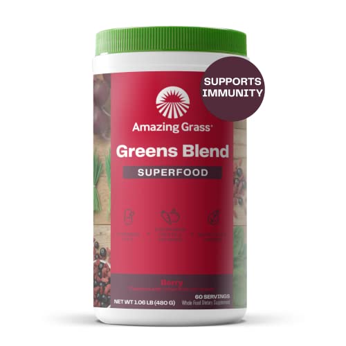 Amazing Grass Greens Blend Superfood: Super Greens Powder with Spirulina, Chlorella, Beet Root Powder, Digestive Enzymes & Probiotics, Berry, 60 Servings (Packaging May Vary)