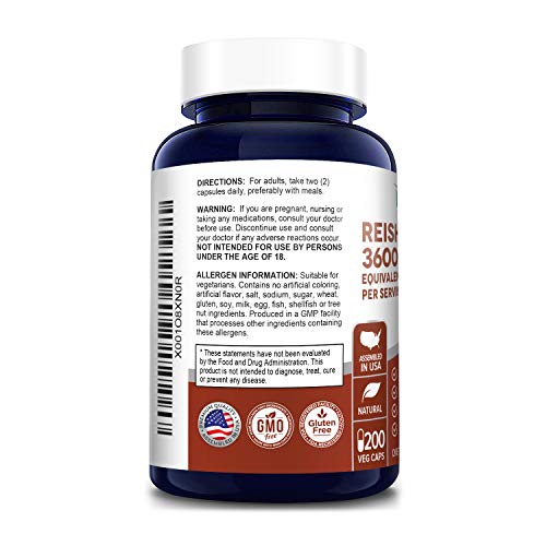 Reishi Mushroom Extract 3600 mg 200 Veggie Caps (Vegan, Non-GMO & Gluten-Free) Supports Heart Health* - Supports Blood Pressure & Hormones in Normal Range*