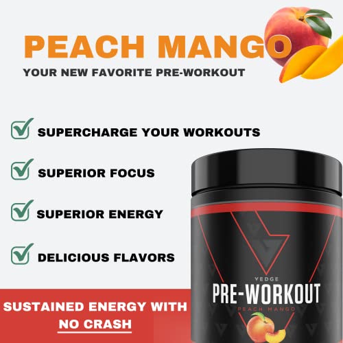 Vedge Nutrition Peach Mango Pre-Workout | Vegan Pre-Workout | Dairy Free, Soy Free, Non-GMO | Long Lasting Energy, No Crash | Caffeine, Citrulline Malate, Nitric Oxide Booster | 40 Servings