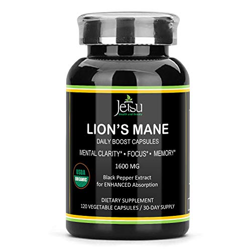 Organic Lions Mane Mushroom Capsules – Plus Bioperine Black Pepper Extract Absorption Enhancer, Nootropic Brain Supplement, Boost Neuron Growth & Your Immune System for Clarity & Focus (120 Capsules)