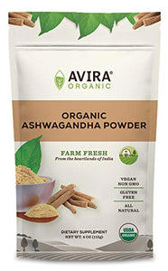 Avira Organic Ashwagandha Powder, Indian Ginseng, Allergen Free, Vegan, Non-GMO, Super Food, Easy to Mix in Smoothies, Baking, Tea & Lattes, Reseabales Bag, Off White, 4 Oz