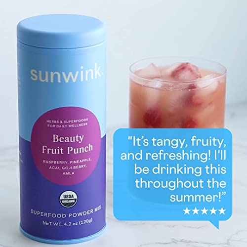 Sunwink Beauty Fruit Punch Organic Superfood Powder Mix Antioxidants for Glowing Radiant Skin, Hydration Support, Plant Based Drink Mix with Acai Berry, Amla, Goji Berry, No Added Sugar (40 Servings)