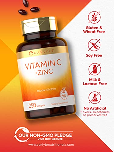 Vitamin C with Zinc | 280mg | 250 Softgels | Non-GMO and Gluten Free Formula | Value Size | Bioavailable Supplement | Ascorbic Acid and Zinc Oxide | by Carlyle