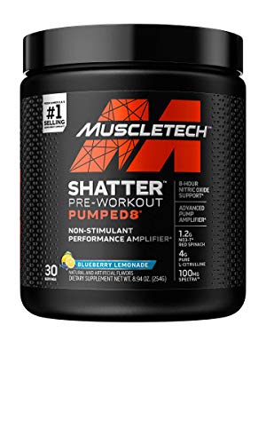 Stim Free Pre Workout | MuscleTech Shatter Pumped 8 | Non Stimulant Pre Workout for Men & Women | 8 Hour Nitric Oxide Booster | Stimulant Free Muscle Pump Amplifier | Blueberry Lemonade, 30 Servings