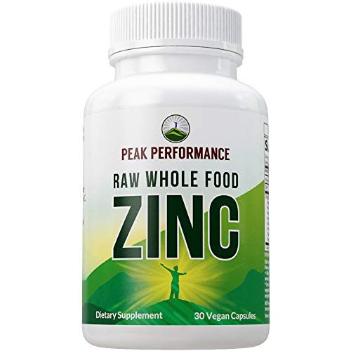Raw Whole Food Best Vegan Zinc Supplement with Vitamin C. Zinc Supplements by Peak Performance. High Potency Pure Zinc 30mg Capsules, Pills, Tablets, Vitamins for Adults Both Men and Women