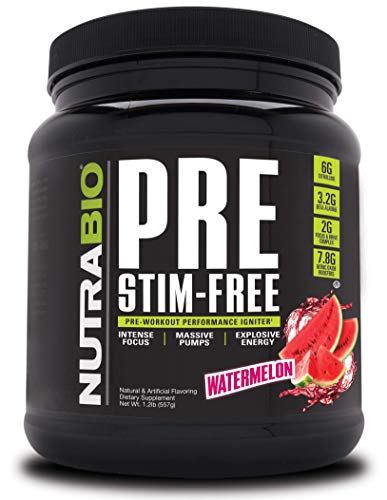 NutraBio PRE Stim Free – Caffeine Free Pre Workout Powder - Sustained Energy, Mental Focus, Endurance - Clinically Dosed Formula - Beta Alanine, Creatine - Watermelon