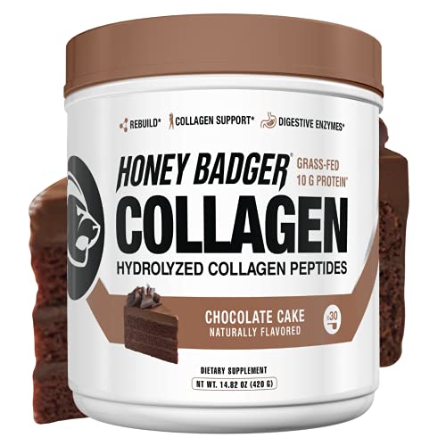 Honey Badger Collagen Peptides Powder | Keto Chocolate Cake Grass Fed Hydrolyzed Collagen Protein Coffee Creamer | Gluten Free, Natural, Non-GMO, Paleo | Skin, Hair, Nail, Joint Health, 30 Servings