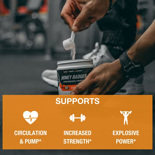 Honey Badger Pre Workout Powder | Vegan Keto Peach Mango Preworkout | Natural Energy for Men & Women | Beta Alanine, Caffeine & Vitamin C for Immune Support | Sugar Free & Paleo | 30 Servings