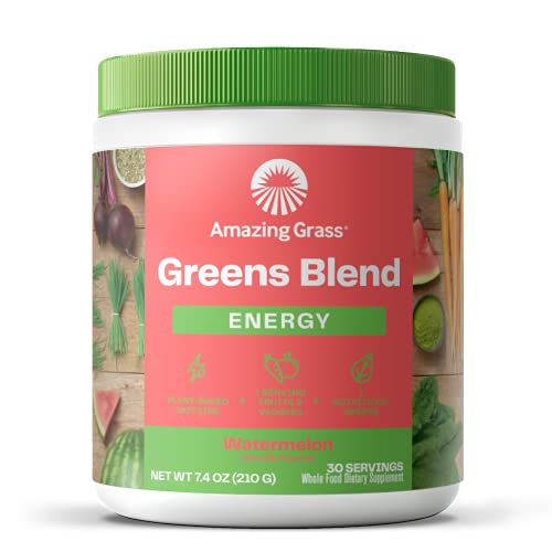 Amazing Grass Greens Blend Energy: Super Greens Powder & Plant Based Caffeine with Matcha Green Tea & Beet Root Powder, Watermelon, 30 Servings (Packaging May Vary)